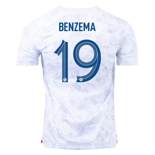 Frankrig Benzema 19 Fodboldtrøjer Udebanesæt World Cup 2022 Kort ærmer Frankrig Benzema 19 Fodboldtrøjer Udebanesæt World Cup 2022 Kort ærmer